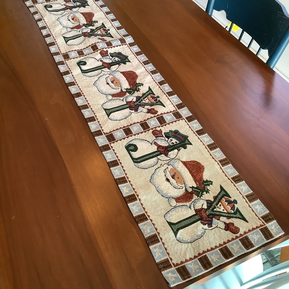 Vintage 90s Christmas Tapestry Table Runner – Santa & Snowmen Form Word "JOY" - Picture 4 of 10
